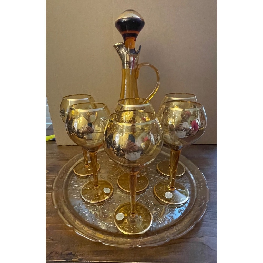Vintage Made in Romania Amber Glass Decanter Set 6 Wine Goblets & Tray Gold 24k